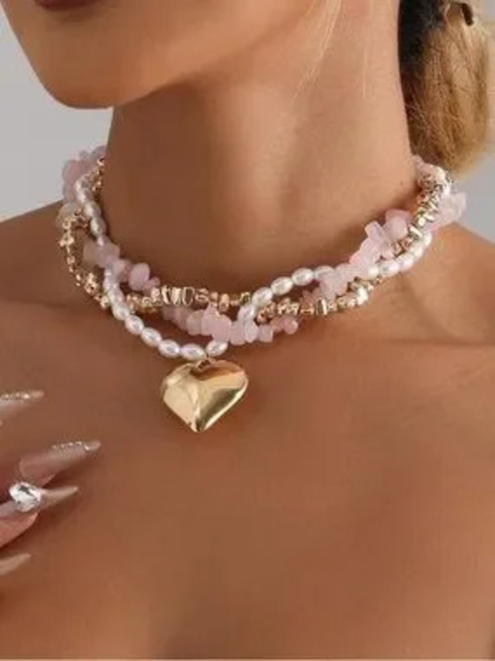 Anthropologie Pink Bead, Pearl & Gold Heart Choker
